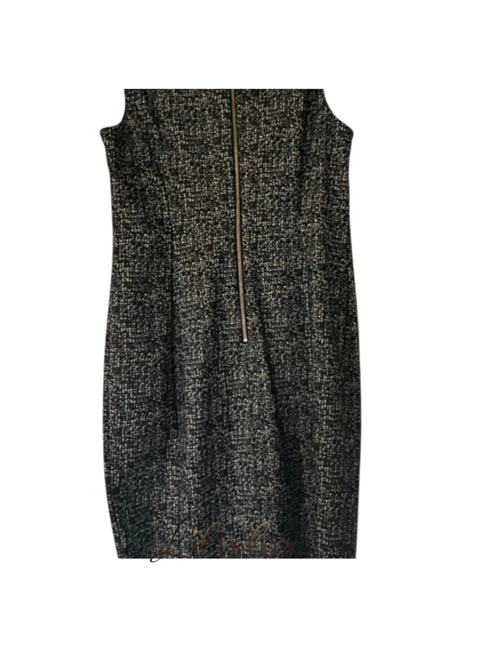 Calvin Klein Black White And Gold Tweed Sheath Dress Knee Length Size 14 GUC